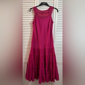 Jones Wear Maxi Dress Size 12 Pink Cotton Flowy Tiered Sleeveless Crochet Neck